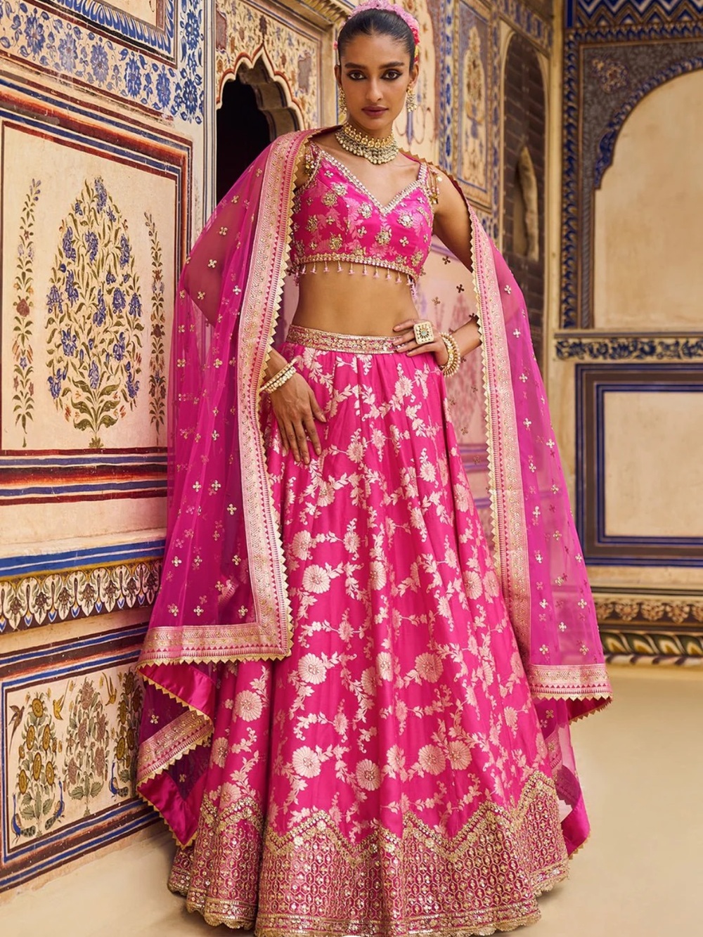 Lashkaraa Hot Pink Embroidered Lehenga Set with Gold Accents
